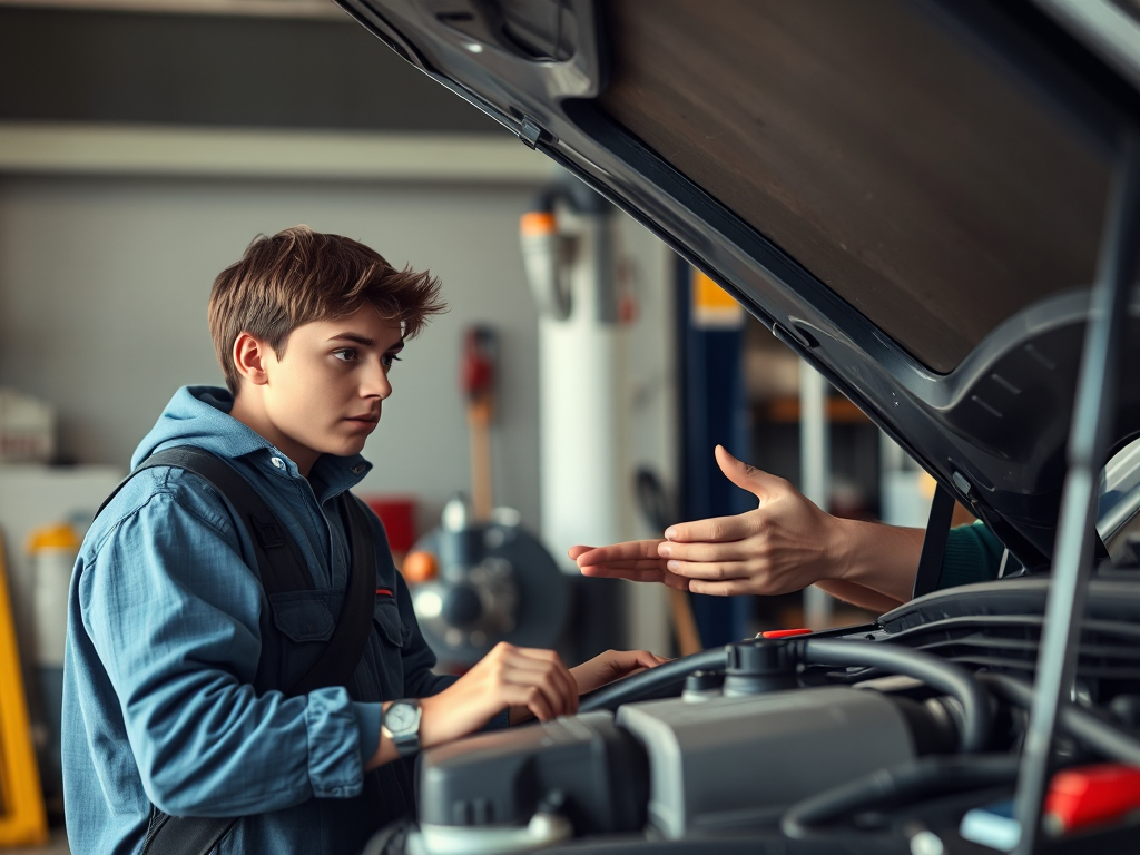 Người lái xe trẻ tuổi kiểm tra động cơ ô tô trong gara sửa chữa, thợ máy đang chỉ ra lỗi kỹ thuật, không gian làm việc chuyên nghiệp với ánh sáng tự nhiên