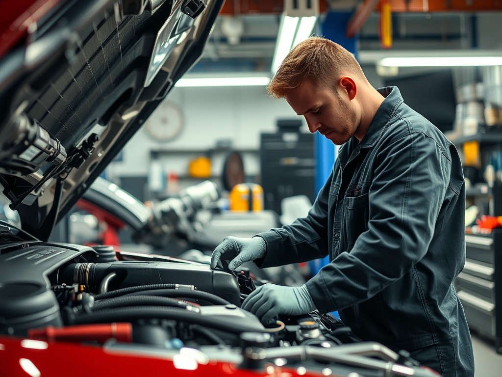 Người thợ máy kiểm tra động cơ ô tô cẩn thận, với các dụng cụ chuyên dụng, nhấn mạnh tầm quan trọng của bảo trì ô tô.