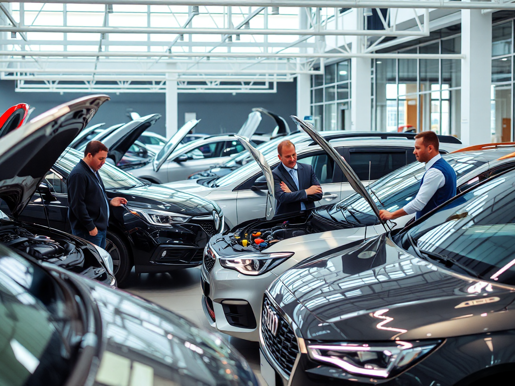 Nhân viên đại lý ô tô kiểm tra động cơ xe trong showroom hiện đại, ánh sáng rõ nét làm nổi bật các chi tiết kỹ thuật của xe.