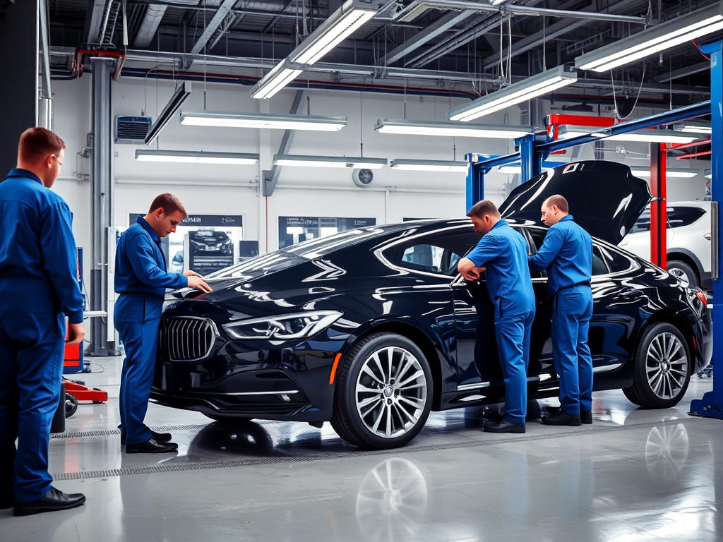 Nhóm kỹ thuật viên chuyên nghiệp đang bảo dưỡng ô tô sang trọng trong xưởng dịch vụ hiện đại với đầy đủ trang thiết bị chuyên dụng