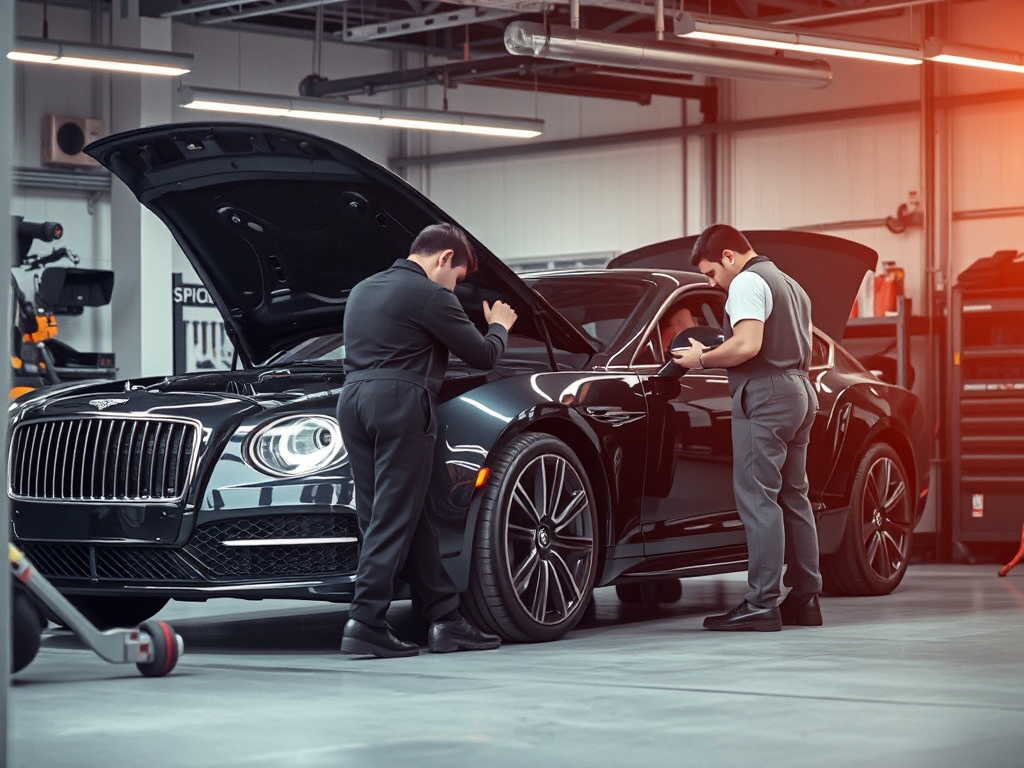Nhóm kỹ thuật viên chuyên nghiệp kiểm tra chi tiết xe ô tô sang trọng trong gara hiện đại với đầy đủ dụng cụ chuyên dụng và ánh sáng dịu nhẹ