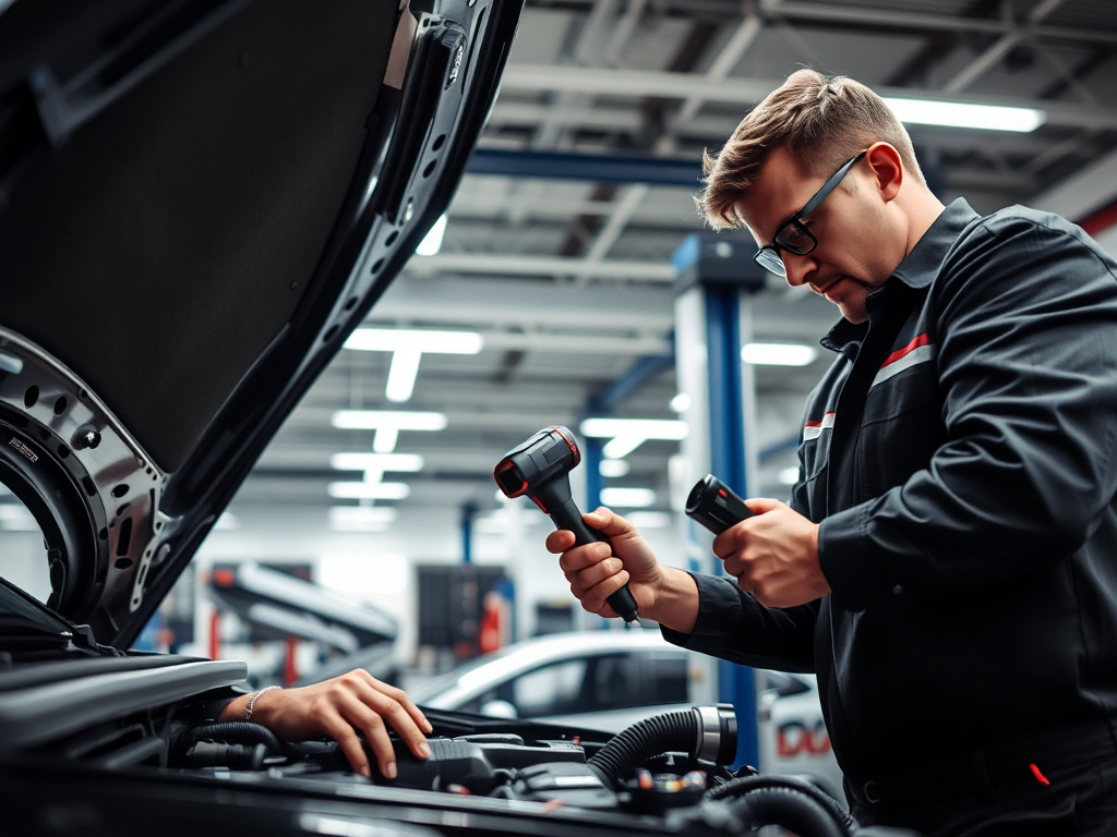 Nhóm kỹ thuật viên chuyên nghiệp kiểm tra kỹ thuật ô tô trong xưởng dịch vụ hiện đại tại Hà Nội với đầy đủ trang thiết bị chẩn đoán