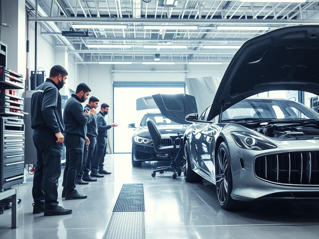 Nhóm thợ cơ khí chuyên nghiệp đang kiểm tra và bảo dưỡng xe ô tô sang trọng trong gara hiện đại với ánh sáng đèn LED tại Hà Nội