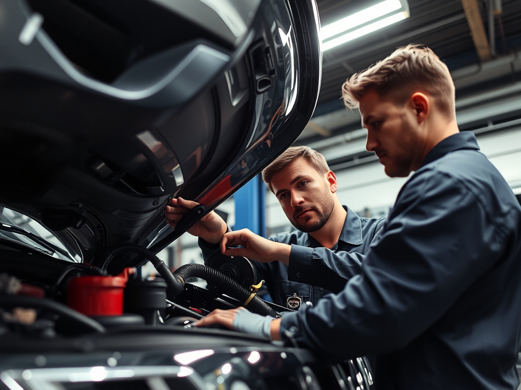 Quy trình kiểm tra ô tô trước khi sửa chữa tại Hà Nội với thợ kỹ thuật kiểm tra kỹ lưỡng động cơ và lốp xe trong xưởng sửa chữa hiện đại