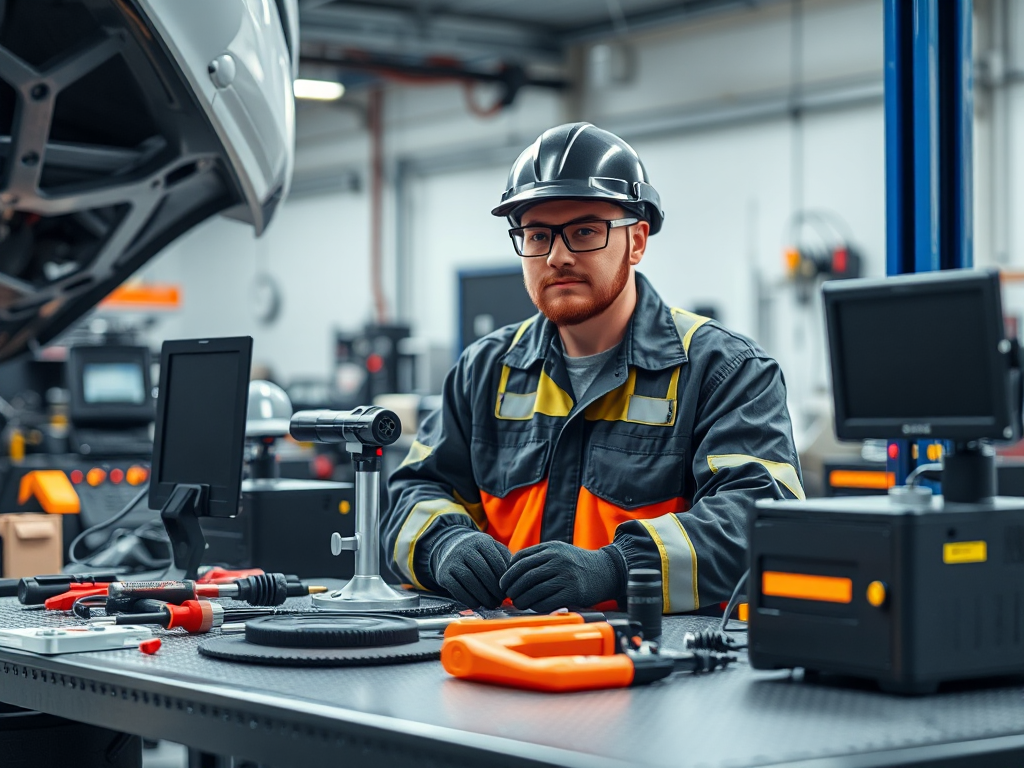 Thiết bị chẩn đoán ô tô hiện đại trên bàn làm việc, thợ máy chuyên nghiệp đeo đồ bảo hộ, ánh sáng xưởng sáng rõ, ảnh cận cảnh chi tiết