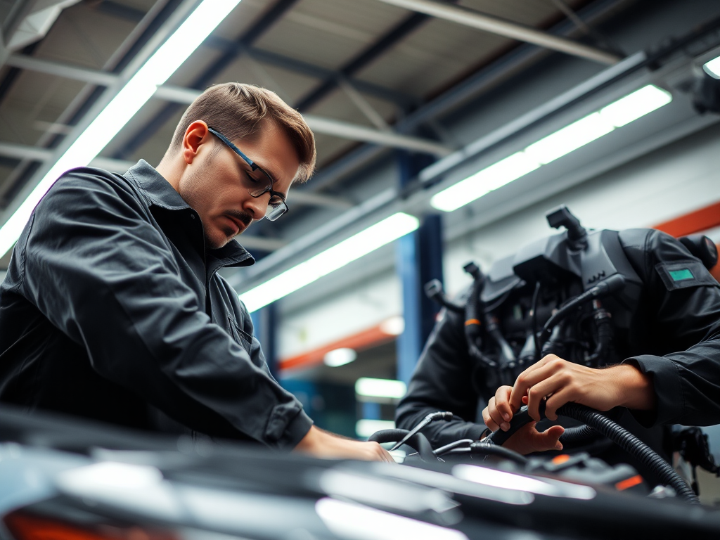 Thợ cơ khí chuyên nghiệp kiểm tra động cơ ô tô trong gara hiện đại với ánh sáng đèn trần sáng, không gian sửa chữa ô tô chi tiết và rõ nét