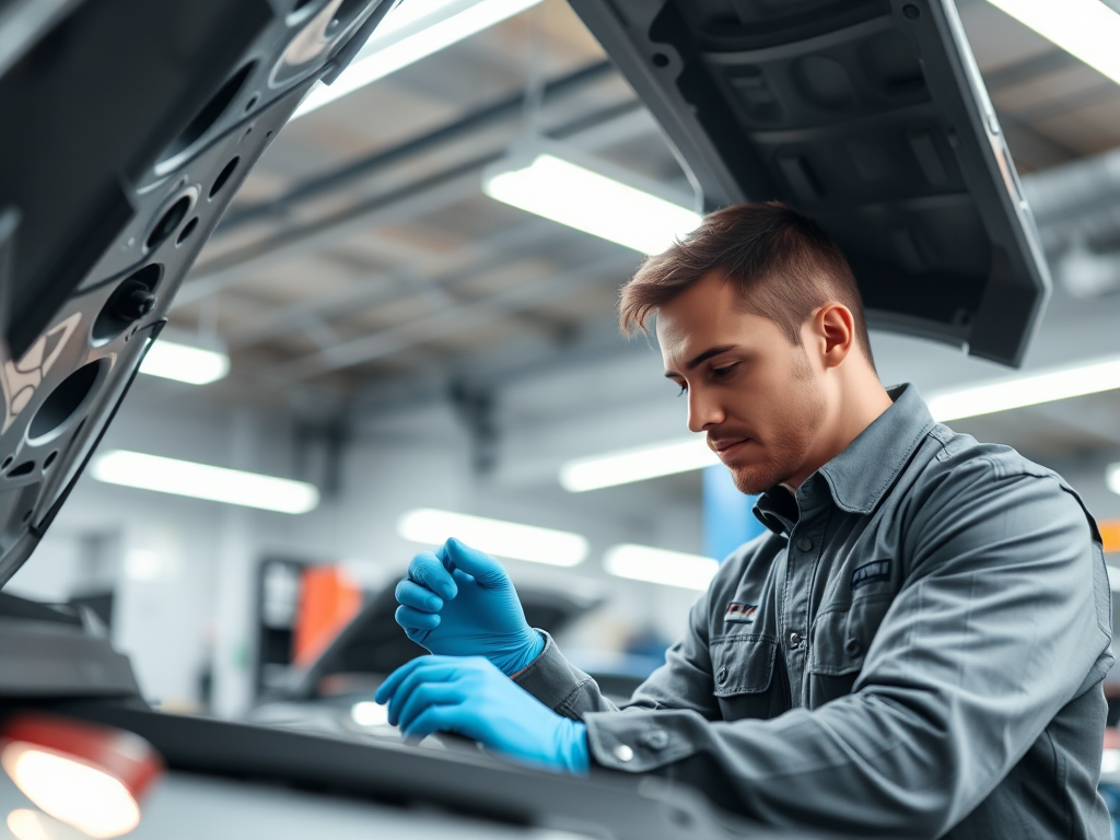 Thợ cơ khí chuyên nghiệp kiểm tra mức dầu động cơ trong gara hiện đại với ánh sáng đèn huỳnh quang, tập trung vào khoang động cơ xe ô tô