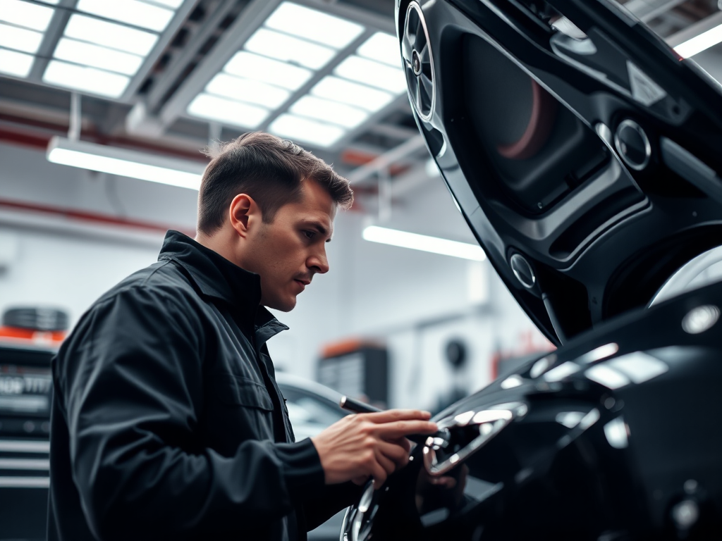 Thợ cơ khí chuyên nghiệp kiểm tra xe ô tô sang trọng trong gara hiện đại với ánh sáng LED sáng và không gian làm việc sạch sẽ, tiêu chí đánh giá gara ô tô chuyên nghiệp Hà Nội