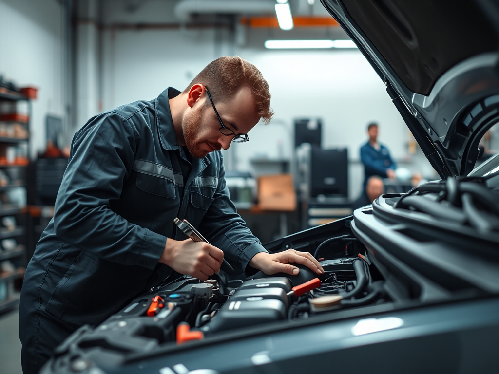 Thợ máy chuyên nghiệp kiểm tra động cơ ô tô cẩn thận trong gara sạch sẽ, thể hiện tầm quan trọng của bảo trì ô tô.