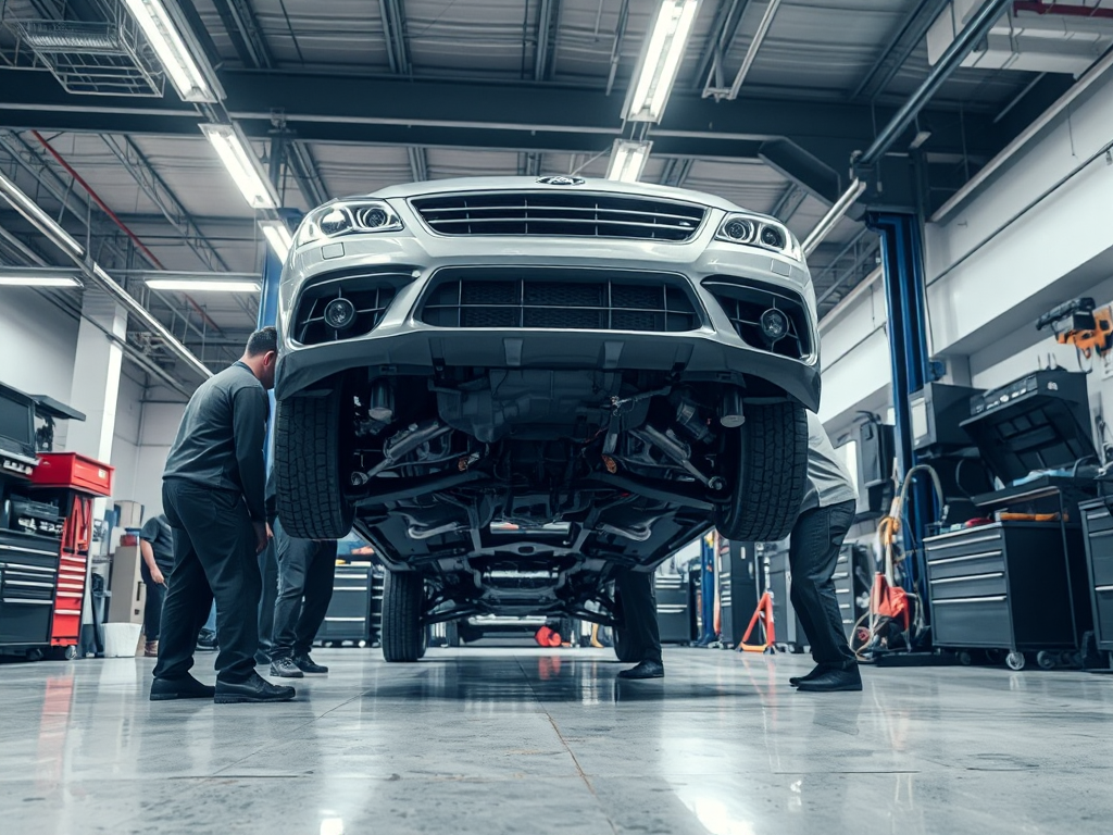 Thợ sửa chữa ô tô chuyên nghiệp đang kiểm tra gầm xe trong xưởng sửa chữa tại Hà Nội, ánh sáng đèn huỳnh quang, không gian làm việc hiện đại với đầy đủ dụng cụ chuyên dụng