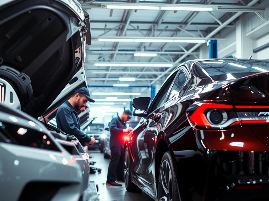 Thợ sửa chữa ô tô chuyên nghiệp đang làm việc trong gara hiện đại với đầy đủ thiết bị, ánh sáng đèn LED rõ ràng, môi trường xưởng sạch sẽ