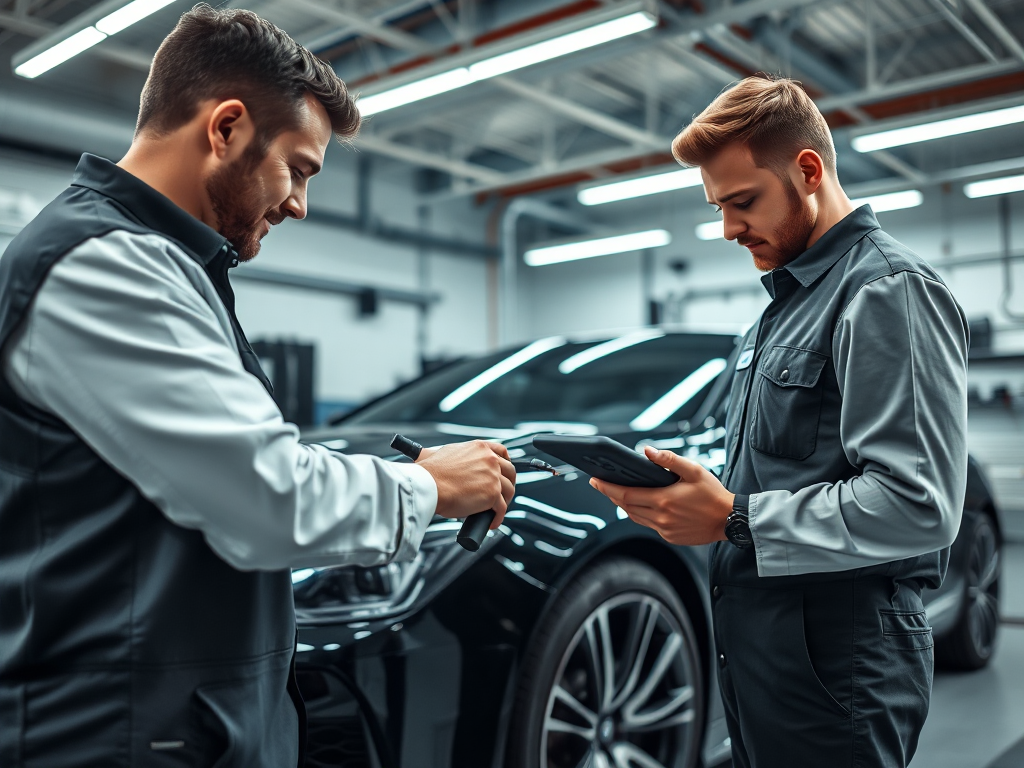 Thợ sửa chữa ô tô chuyên nghiệp đang sử dụng dụng cụ chẩn đoán hiện đại trên xe hơi sang trọng trong gara ô tô tiên tiến tại Hà Nội