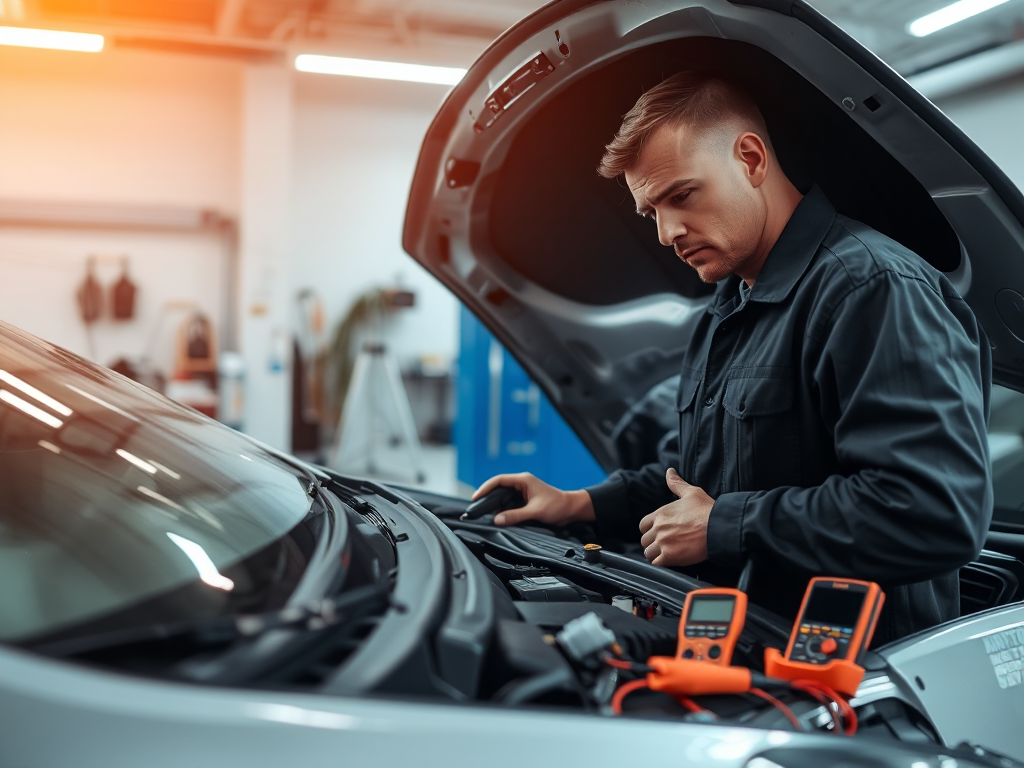Thợ sửa chữa ô tô kiểm tra hệ thống điện dưới capo xe sedan trong gara sáng đèn, có các dụng cụ chẩn đoán và đồng hồ vạn năng hỗ trợ sửa chữa điện ô tô Hà Nội