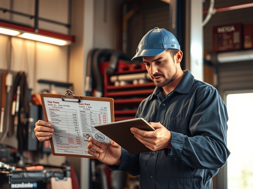 Thợ sửa chữa ô tô uy tín tại Hà Nội so sánh hai bảng giá sửa chữa khác nhau trên bàn làm việc trong xưởng sửa chữa chuyên nghiệp
