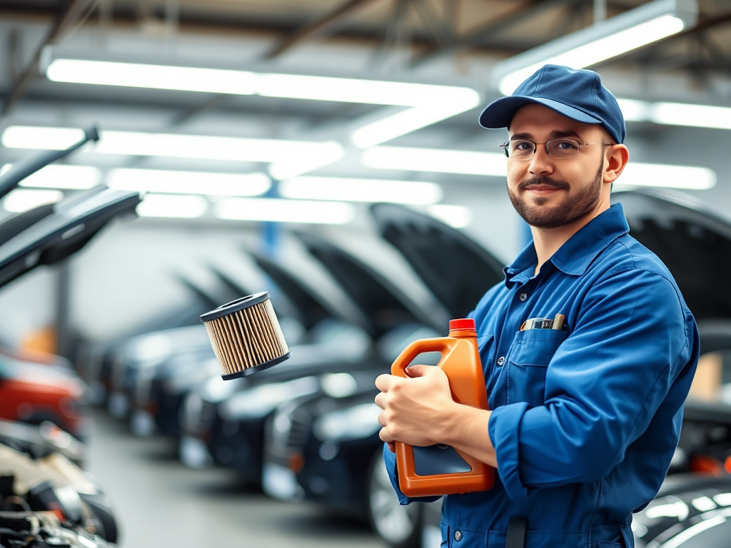 Thợ sửa xe chuyên nghiệp đang cầm lọc dầu và chai dầu động cơ trong xưởng sửa chữa ô tô hiện đại với ánh sáng đèn huỳnh quang, không gian làm việc rộng rãi