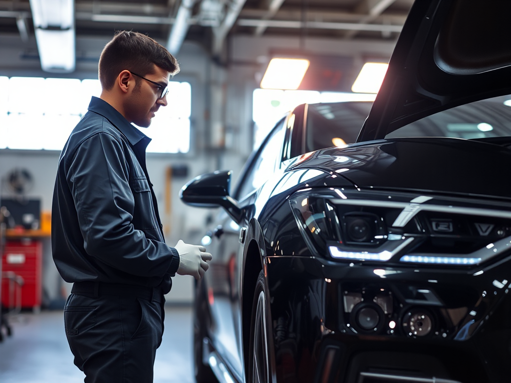 Thợ sửa xe chuyên nghiệp đang kiểm tra xe sang trong gara hiện đại tại Hà Nội, sử dụng dụng cụ sửa chữa ô tô chuyên nghiệp và thiết bị chẩn đoán tiên tiến