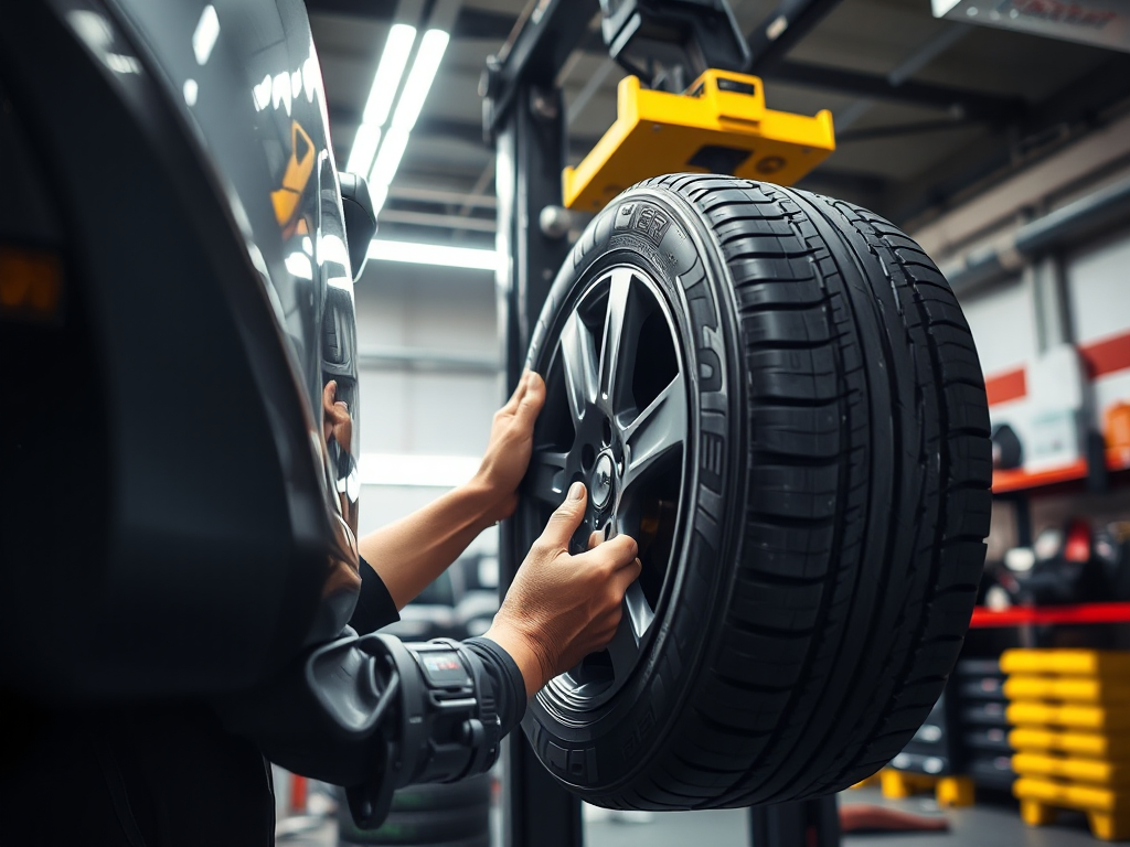 Thợ sửa xe chuyên nghiệp đang thay lốp ô tô tại xưởng sửa chữa, máy lắp lốp và dụng cụ sửa chữa được bố trí xung quanh, ánh sáng đèn chiếu sáng trực tiếp vào công việc thay lốp