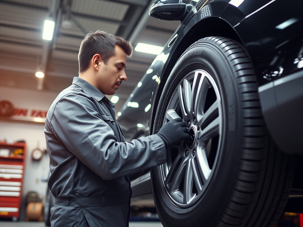 Thợ sửa xe chuyên nghiệp đang thay lốp ô tô trong gara, ánh sáng đèn chiếu sáng, tập trung vào quy trình thay lốp xe