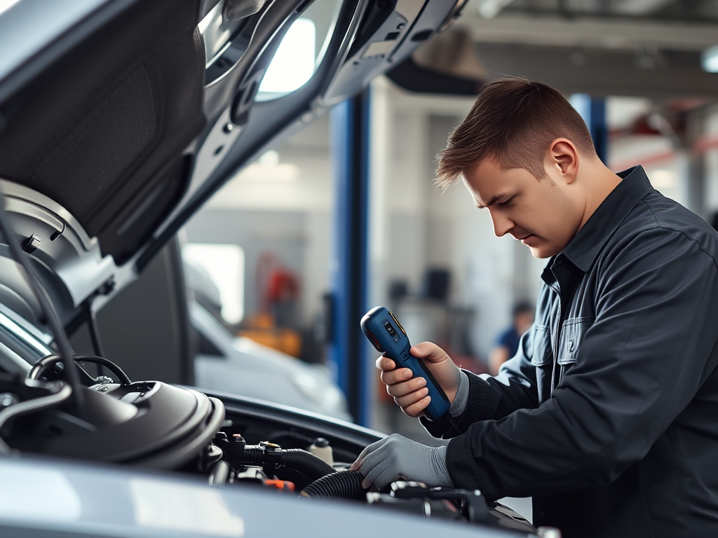 Thợ sửa xe chuyên nghiệp kiểm tra động cơ ô tô bằng các dụng cụ chẩn đoán trong gara sửa chữa hiện đại tại Hà Nội