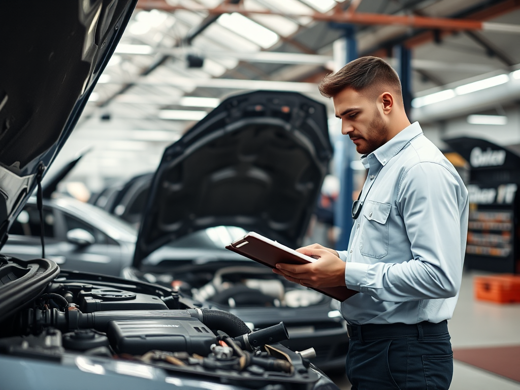 Thợ sửa xe chuyên nghiệp kiểm tra động cơ ô tô với bảng kiểm tra trong gara hiện đại, ánh sáng đèn trần sáng, môi trường dịch vụ ô tô