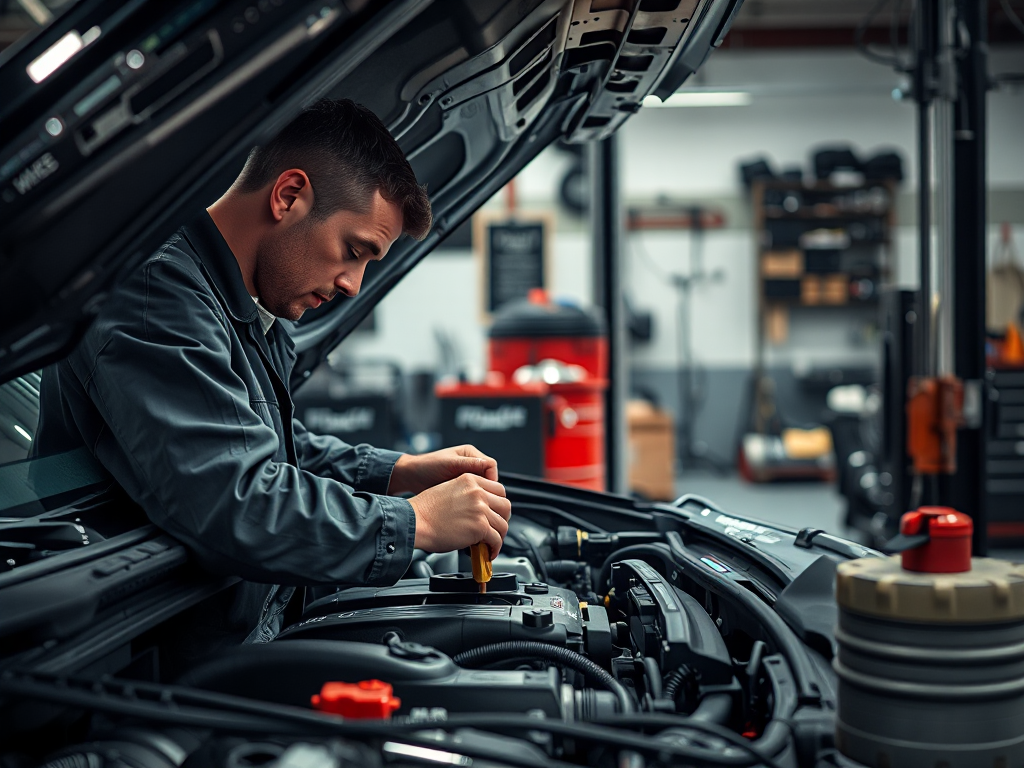 Thợ sửa xe chuyên nghiệp kiểm tra mực dầu trong khoang động cơ ô tô, sử dụng các dụng cụ chuyên dụng trong gara sáng sủa, dịch vụ thay dầu ô tô Hà Nội uy tín