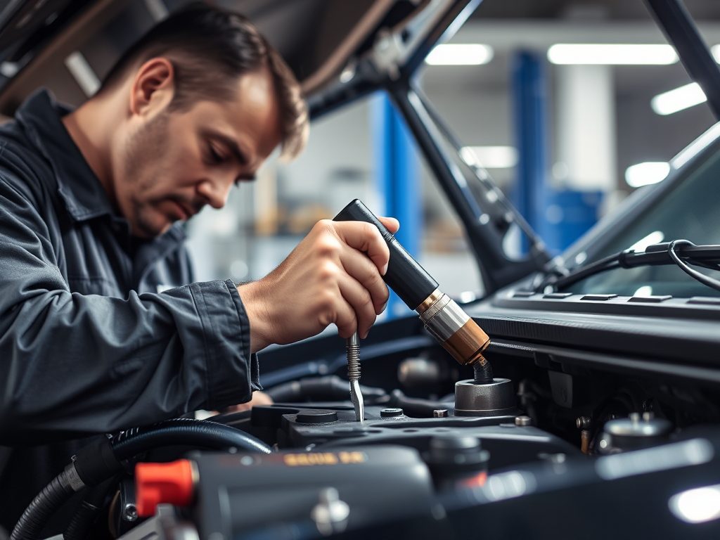 Thợ sửa xe đang thay dầu cho ô tô trong xưởng sửa chữa, dụng cụ chuyên dụng và động cơ xe hiện rõ chi tiết