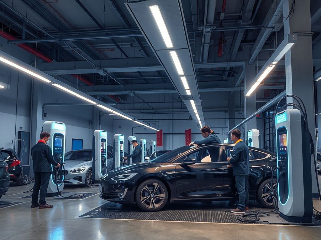 Trung tâm dịch vụ xe điện hiện đại tại Hà Nội với kỹ thuật viên đang bảo dưỡng trạm sạc, ánh sáng LED sáng rõ, không gian gara chuyên nghiệp năm 2026