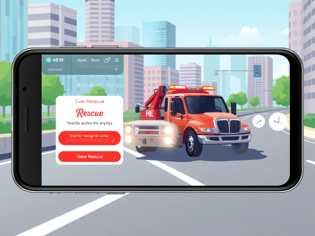Ứng dụng cứu hộ ô tô trên điện thoại thông minh với xe cứu hộ đang đến hiện trường, khung cảnh thành phố ban ngày, minh họa kỹ thuật số hiện đại