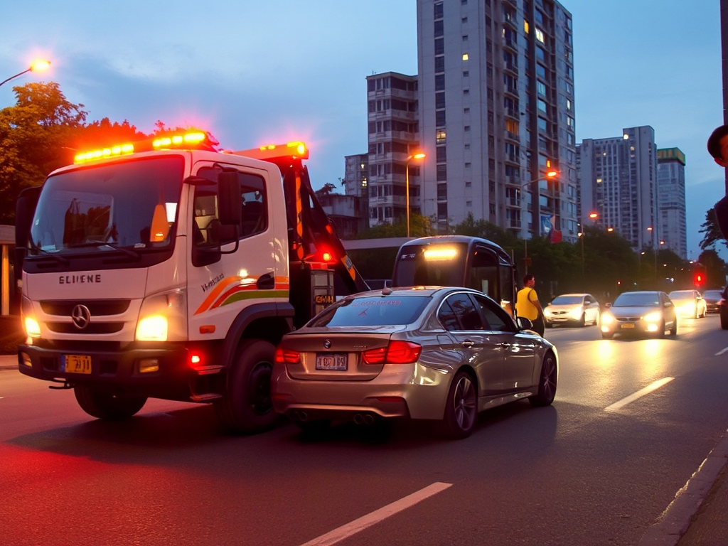 Xe cứu hộ hiện đại đang kéo xe gặp sự cố trên đường phố Hà Nội vào buổi tối, đội cứu hộ chuyên nghiệp đang làm việc, đèn đường chiếu sáng xung quanh