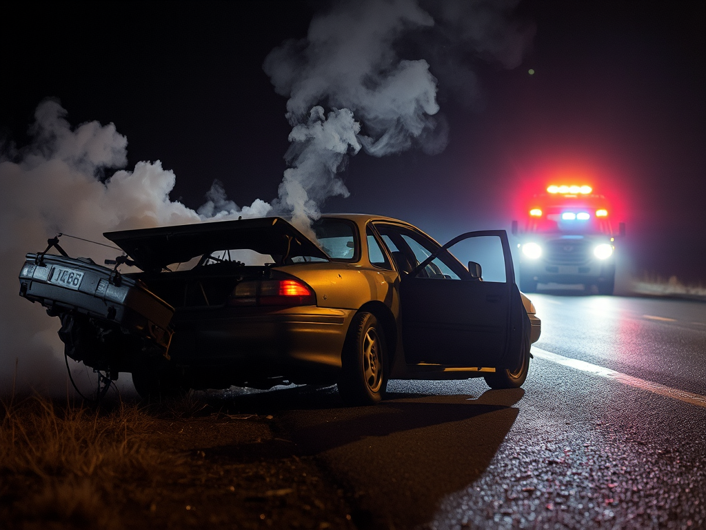 Xe ô tô bị hỏng hóc bên đường trong đêm tối với khói bốc ra từ động cơ, người lái đang gọi điện cầu cứu, đèn cảnh báo khẩn cấp sáng rực rỡ