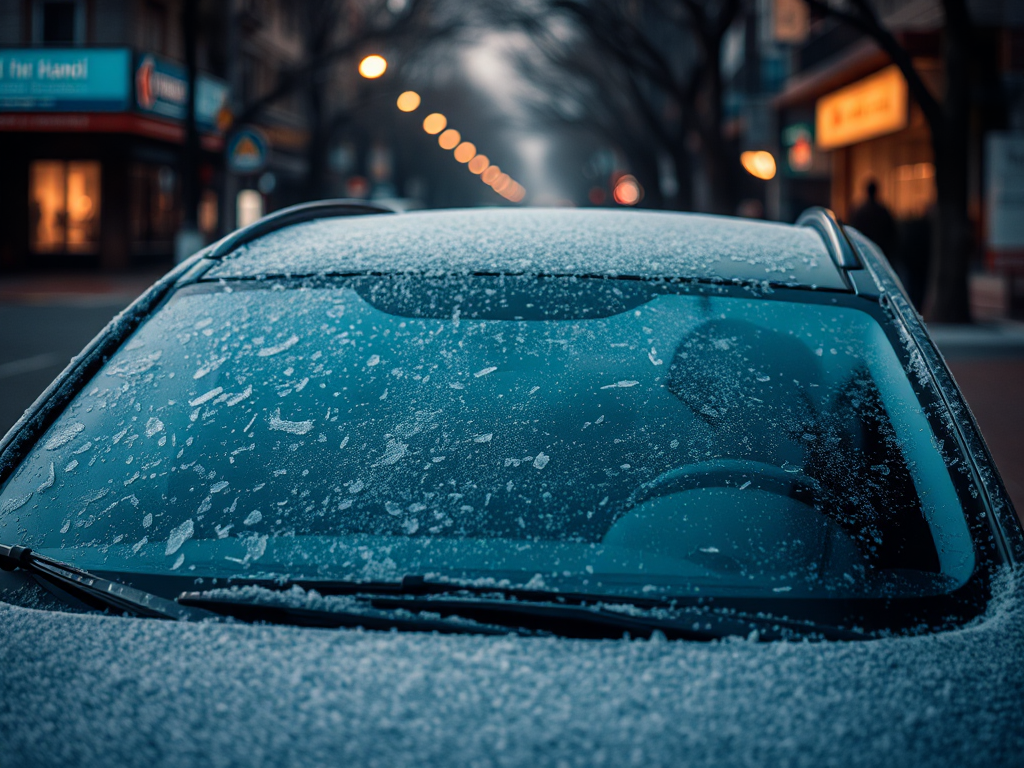 Xe ô tô bị phủ sương muối trên đường phố Hà Nội vào buổi sáng mùa đông, tinh thể băng trên kính chắn gió, ánh sáng mờ ảo, khung cảnh đô thị mùa đông thực tế