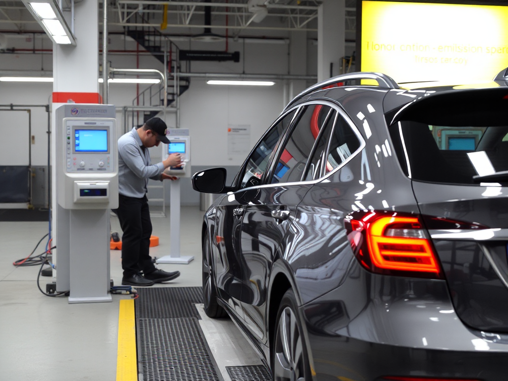 Xe ô tô đang được kiểm tra khí thải tại trạm đăng kiểm Hà Nội với kỹ thuật viên vận hành thiết bị chuyên dụng dưới ánh sáng đèn huỳnh quang