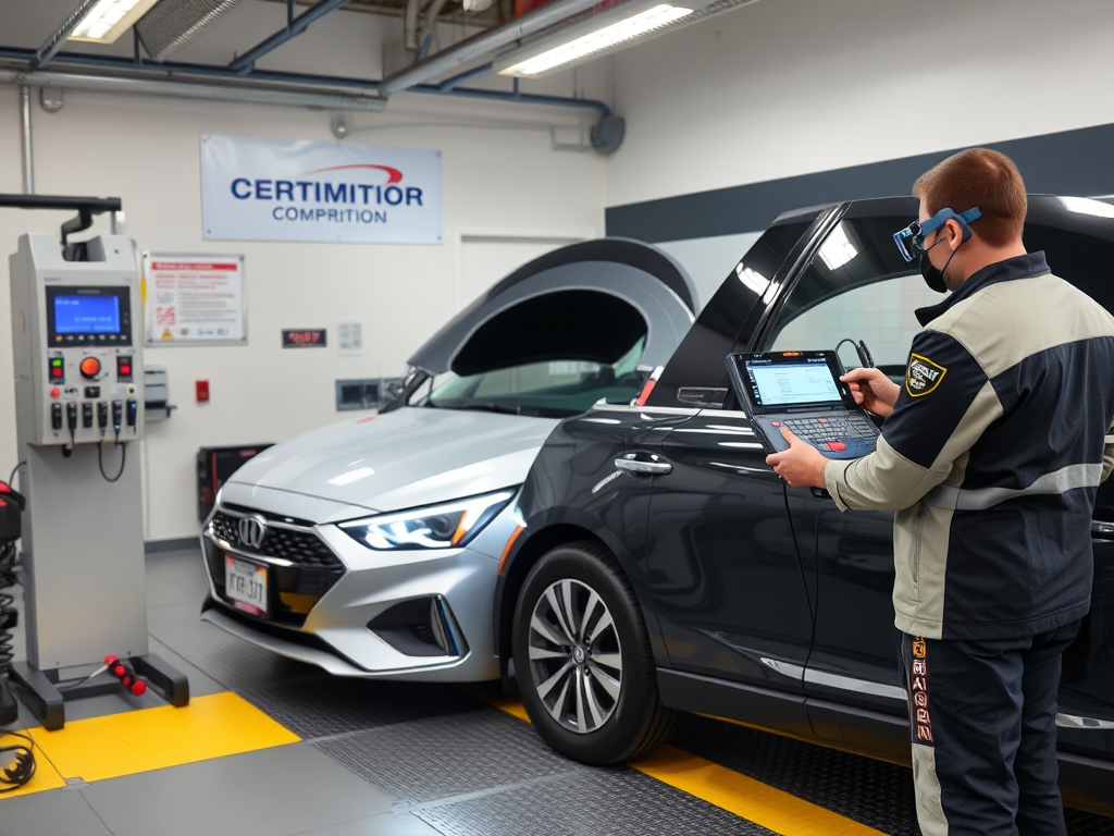 Xe ô tô đang được kiểm tra khí thải tại trung tâm đăng kiểm chuyên nghiệp với thiết bị chẩn đoán hiện đại và kỹ thuật viên đang vận hành máy móc