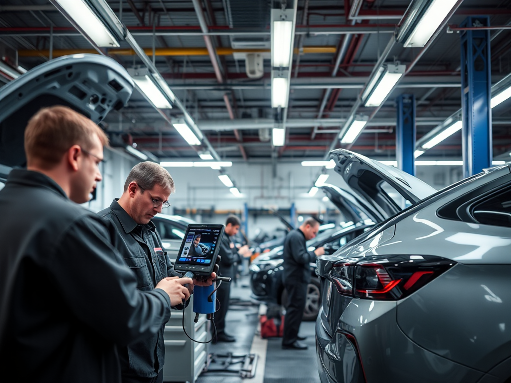 Xưởng sửa chữa ô tô chuyên nghiệp tại Hà Nội với kỹ thuật viên đang sử dụng thiết bị chẩn đoán hiện đại, ánh sáng đèn LED sáng rõ, khu vực dụng cụ được sắp xếp gọn gàng, không gian công nghiệp sạch sẽ