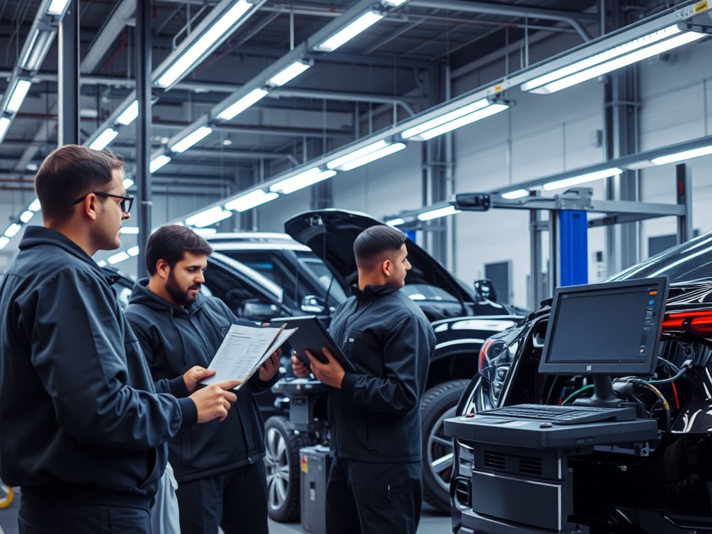 Xưởng sửa chữa ô tô hiện đại tại Hà Nội với thiết bị chẩn đoán tiên tiến, kỹ thuật viên sử dụng máy tính bảng và máy tính, ánh sáng LED sáng rõ