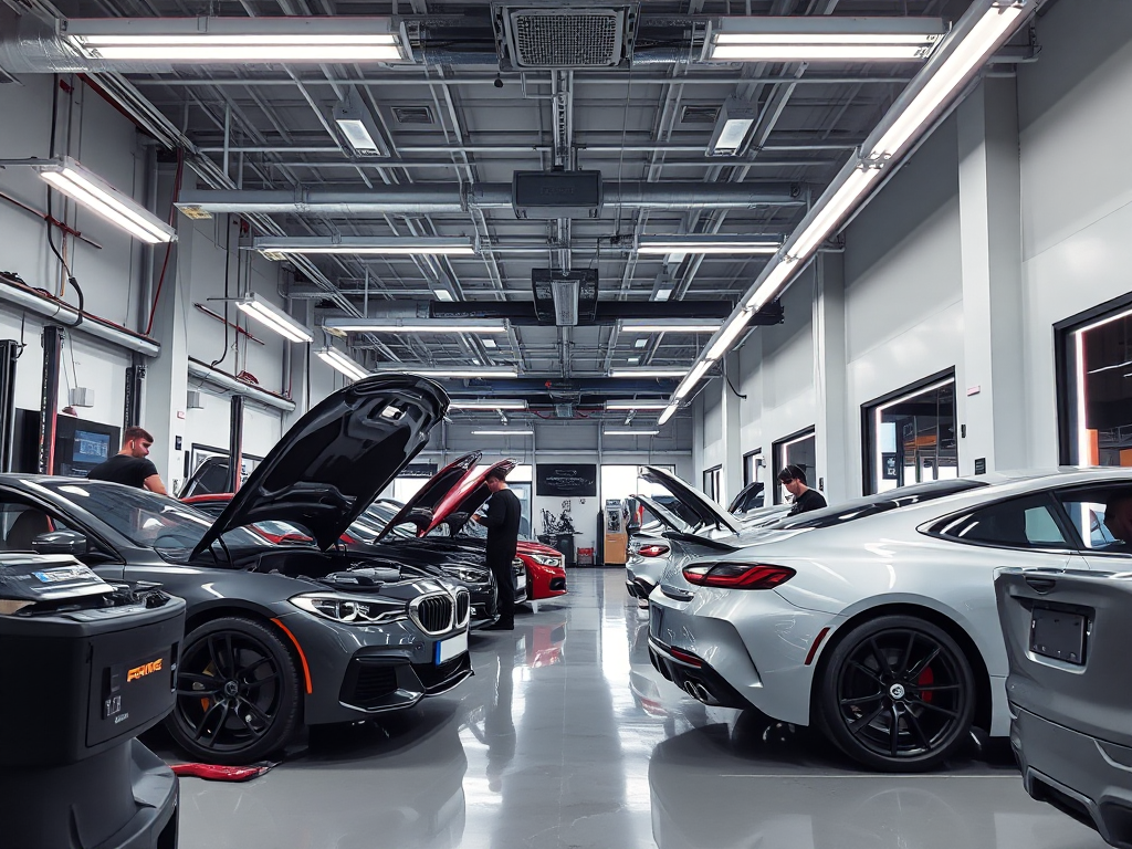 Xưởng sửa chữa ô tô hiện đại tại Hà Nội với thiết bị chẩn đoán tiên tiến, ánh sáng LED, kỹ thuật viên chuyên nghiệp đang bảo dưỡng xe hạng sang trong không gian làm việc sạch sẽ, ngăn nắp