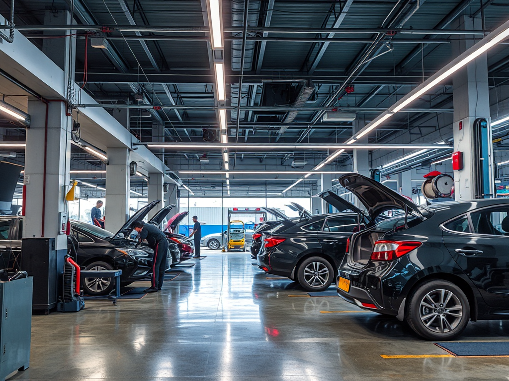 Xưởng sửa chữa ô tô hiện đại tại Hà Nội với thợ cơ khí đang làm việc trên xe, ánh sáng đèn chiếu sáng rõ ràng, dụng cụ sửa chữa chuyên nghiệp và môi trường dịch vụ ô tô