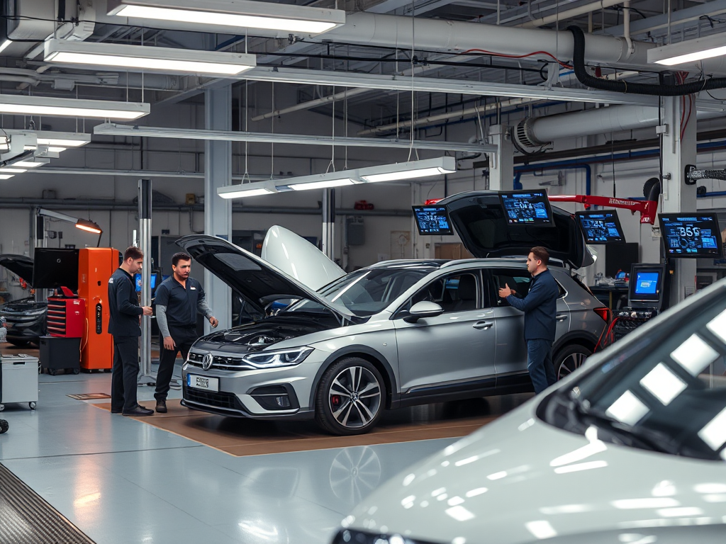 Xưởng sửa chữa ô tô hiện đại tại Hà Nội với trang thiết bị chẩn đoán tiên tiến, kỹ thuật viên đang kiểm tra xe hybrid dưới ánh sáng đèn LED