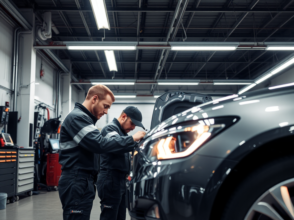 Xưởng sửa chữa ô tô hiện đại với kỹ thuật viên kiểm tra xe dưới ánh sáng đèn LED, trang thiết bị chẩn đoán tiên tiến trong dịch vụ kiểm tra kỹ thuật ô tô Hà Nội