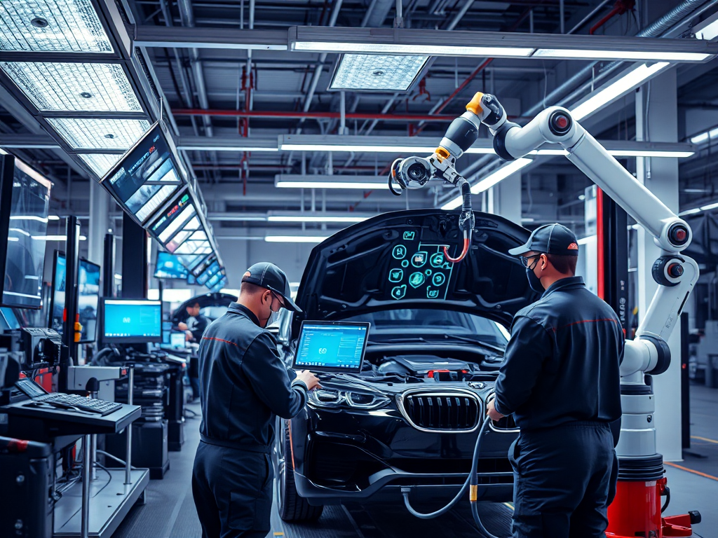 Xưởng sửa chữa ô tô hiện đại với kỹ thuật viên sử dụng thiết bị chẩn đoán tiên tiến, ánh sáng LED và màn hình kỹ thuật số, minh họa công nghệ sửa chữa ô tô hiện đại tại Hà Nội.