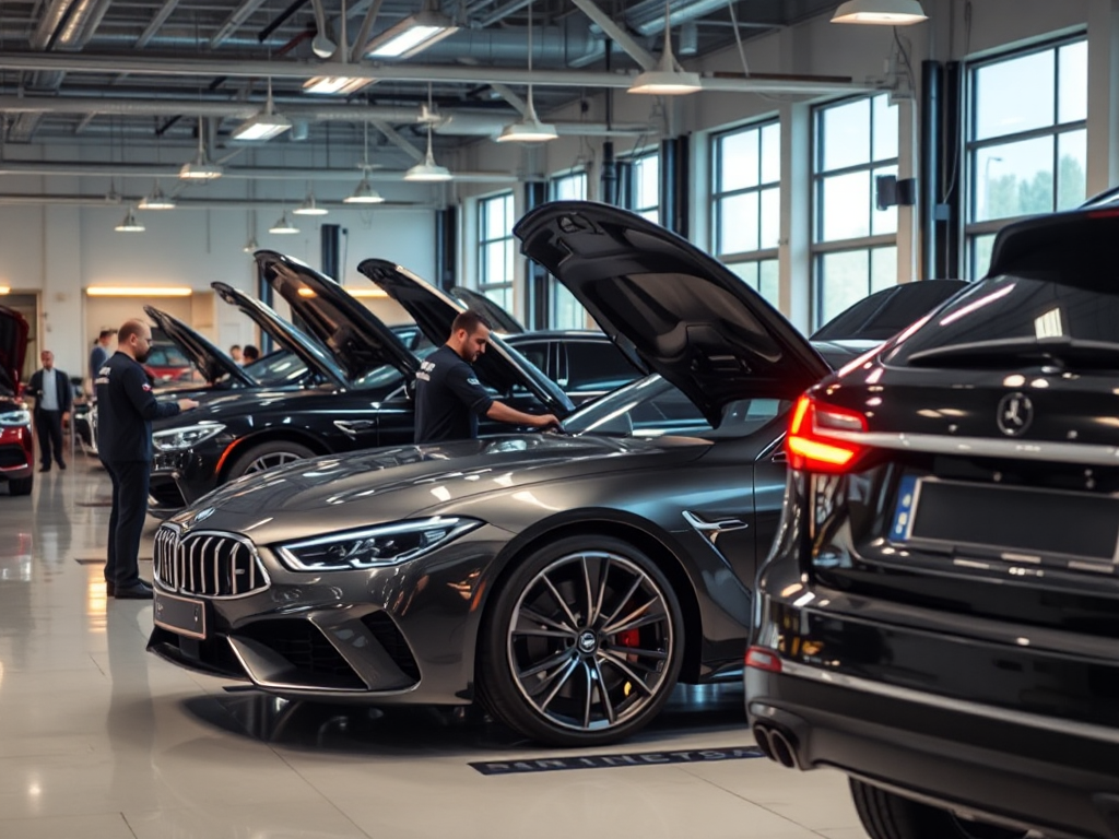 Xưởng sửa chữa ô tô nhập khẩu chuyên nghiệp tại Hà Nội với kỹ thuật viên đang kiểm tra xe sang dưới ánh sáng đèn workshop hiện đại